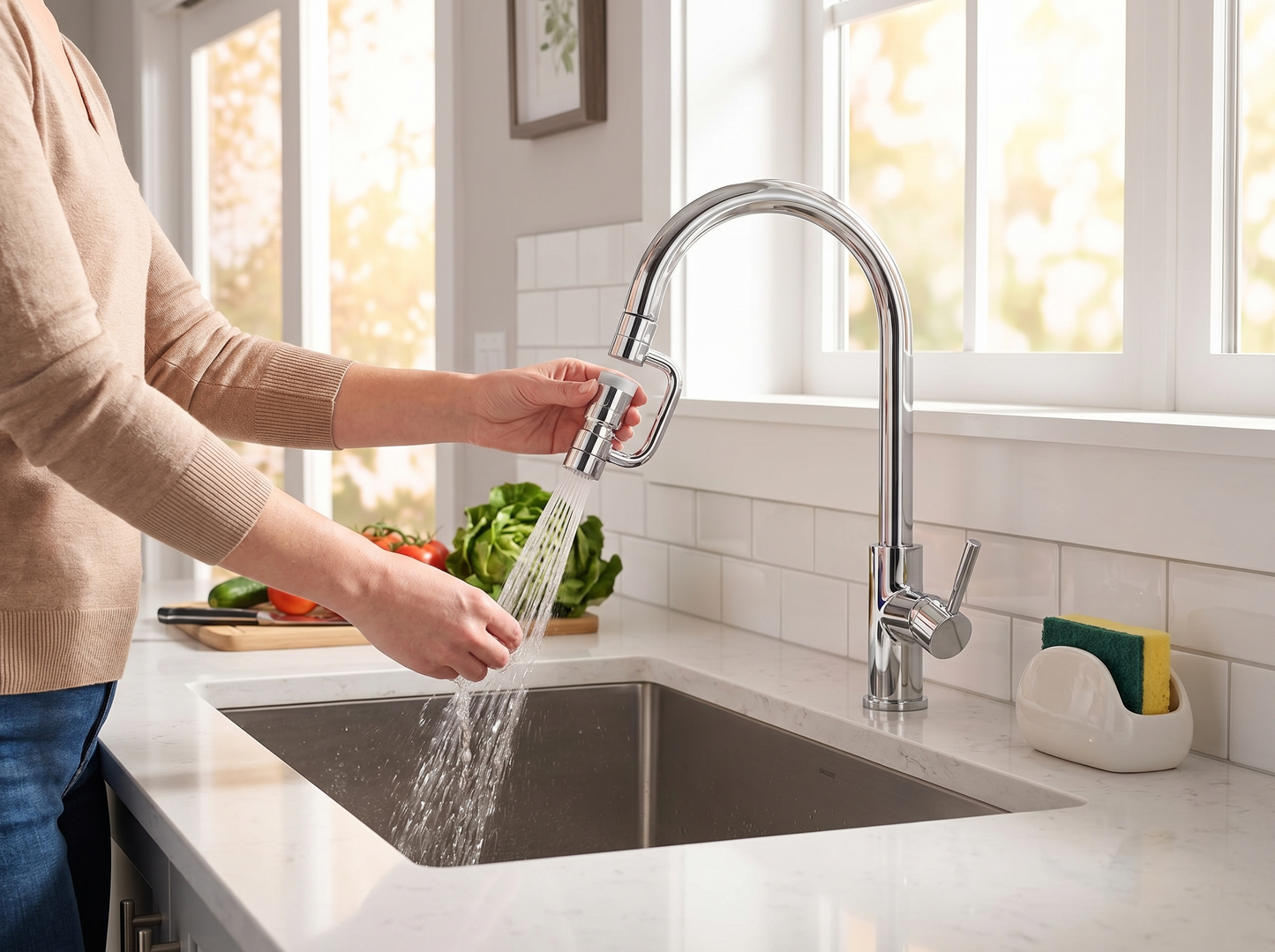 Person using rotating faucet extender at a modern kitchen sink