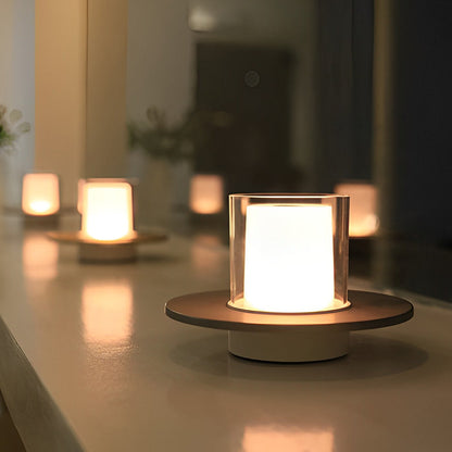 Sleek Modern Cordless Cylinder Candle Table Lamp with Elegant Dish Base