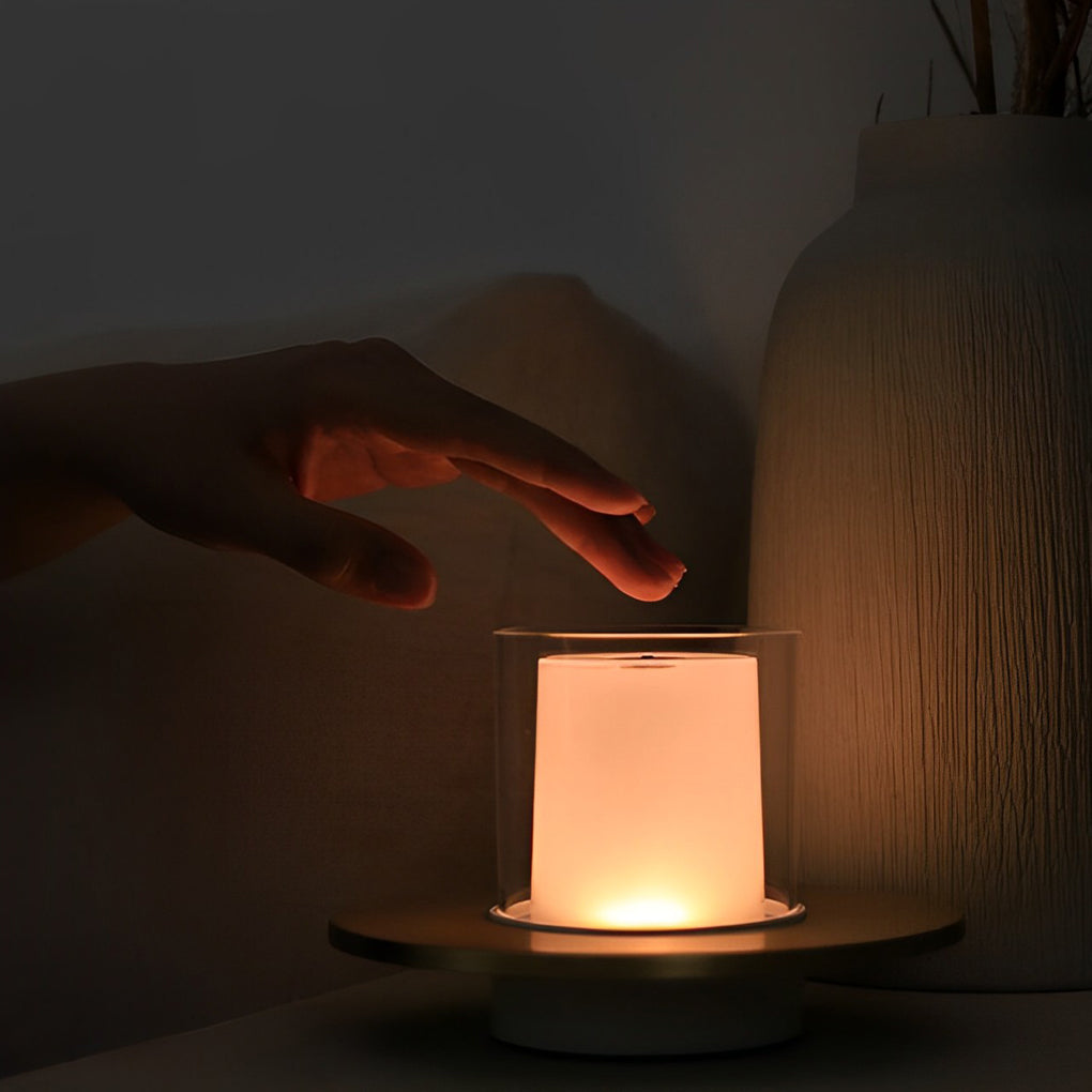 Sleek Modern Cordless Cylinder Candle Table Lamp with Elegant Dish Base