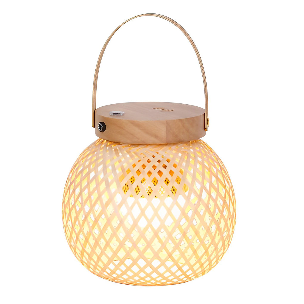 Rustic Portable Bamboo Lantern Table Lamp – Handwoven Natural Carry-Handle Accent Light for Bedroom & Patio