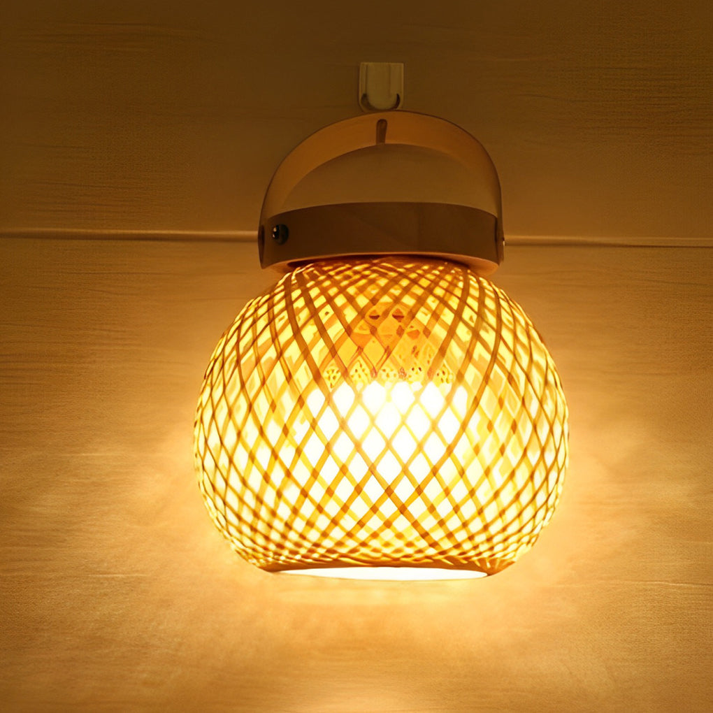 Rustic Portable Bamboo Lantern Table Lamp – Handwoven Natural Carry-Handle Accent Light for Bedroom & Patio