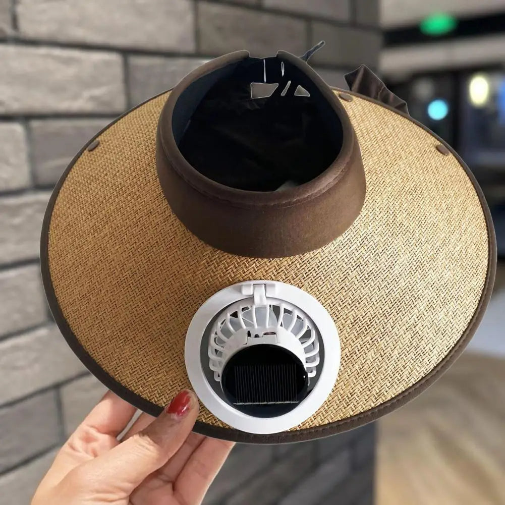 Wide Brim Sun Hat with Solar Powered Fan - UV Protection Outdoor Cooling Hat for Hiking Beach Garden