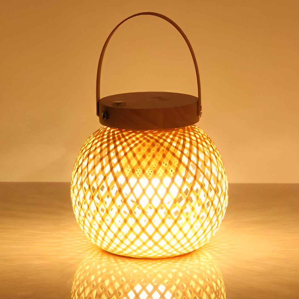Rustic Portable Bamboo Lantern Table Lamp – Handwoven Natural Carry-Handle Accent Light for Bedroom & Patio