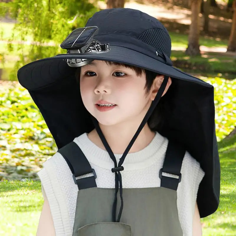 Kids Solar Powered Fan Hat – Adjustable Wide Brim Sun Hat with Built-In Cooling Fan for Children