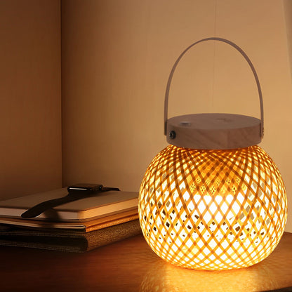 Rustic Portable Bamboo Lantern Table Lamp – Handwoven Natural Carry-Handle Accent Light for Bedroom & Patio