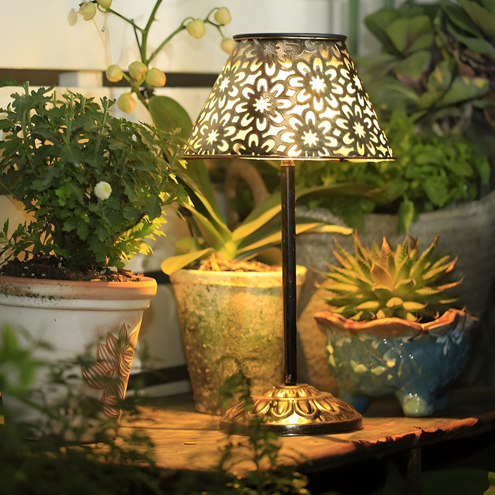 Solar-Powered Silver Metal Table Lamp – Waterproof Outdoor LED Light with Classic European Design