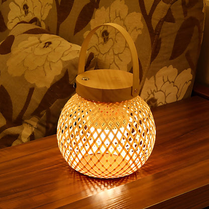 Rustic Portable Bamboo Lantern Table Lamp – Handwoven Natural Carry-Handle Accent Light for Bedroom & Patio