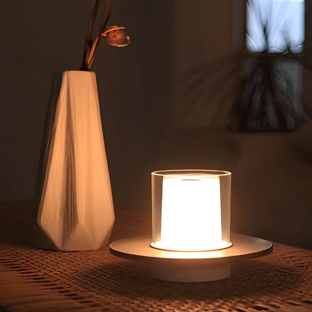 Sleek Modern Cordless Cylinder Candle Table Lamp with Elegant Dish Base