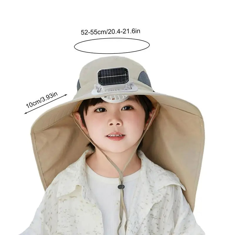 Kids Solar Powered Fan Hat - Adjustable Wide Brim Sun Hat with Built-In Cooling Fan for Children