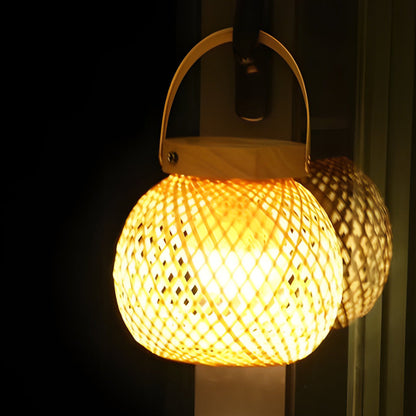 Rustic Portable Bamboo Lantern Table Lamp – Handwoven Natural Carry-Handle Accent Light for Bedroom & Patio