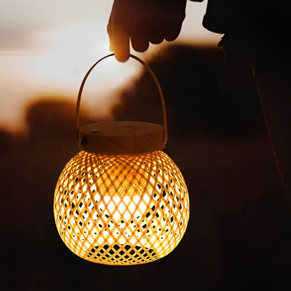 Rustic Portable Bamboo Lantern Table Lamp – Handwoven Natural Carry-Handle Accent Light for Bedroom & Patio