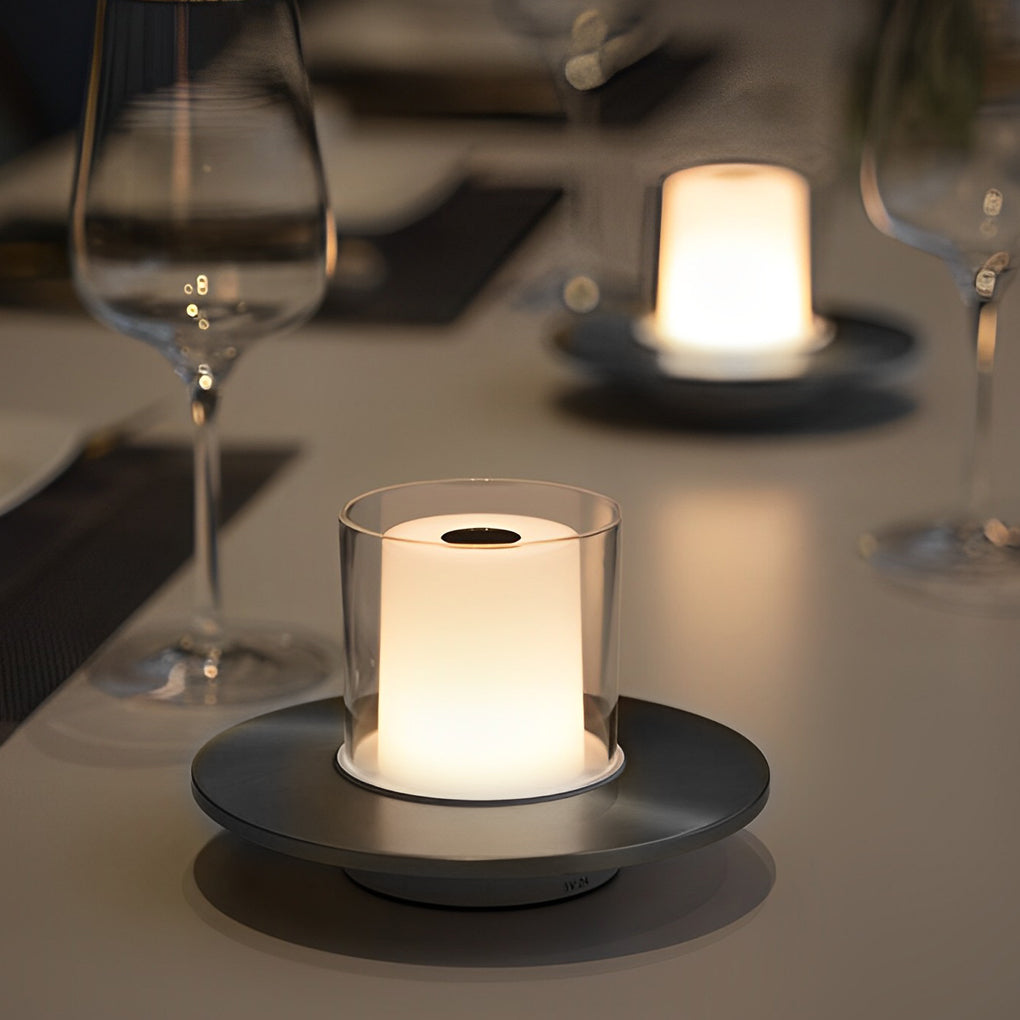 Sleek Modern Cordless Cylinder Candle Table Lamp with Elegant Dish Base