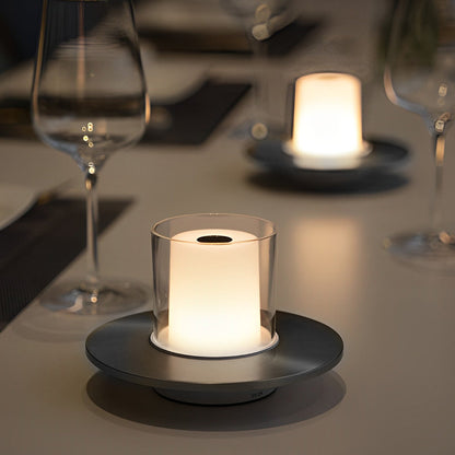 Sleek Modern Cordless Cylinder Candle Table Lamp with Elegant Dish Base