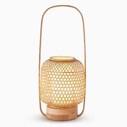 Rustic Woven Bamboo Table Lamp with Cylinder LED & Built-In USB Port – Farmhouse Accent Lamp for Bedroom
