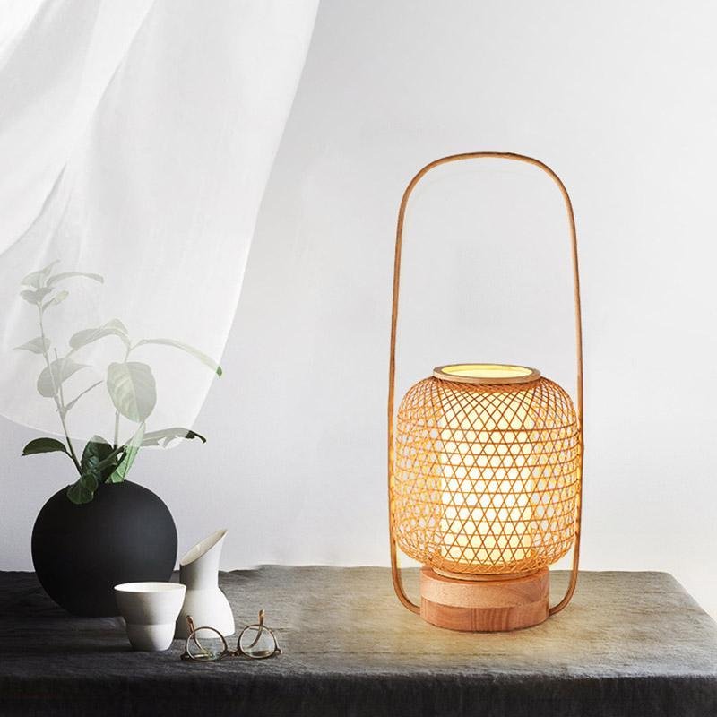 Rustic Woven Bamboo Table Lamp with Cylinder LED & Built-In USB Port – Farmhouse Accent Lamp for Bedroom