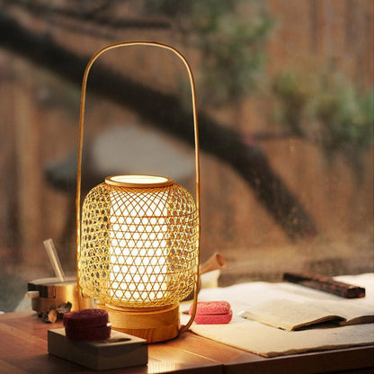Rustic Woven Bamboo Table Lamp with Cylinder LED & Built-In USB Port – Farmhouse Accent Lamp for Bedroom