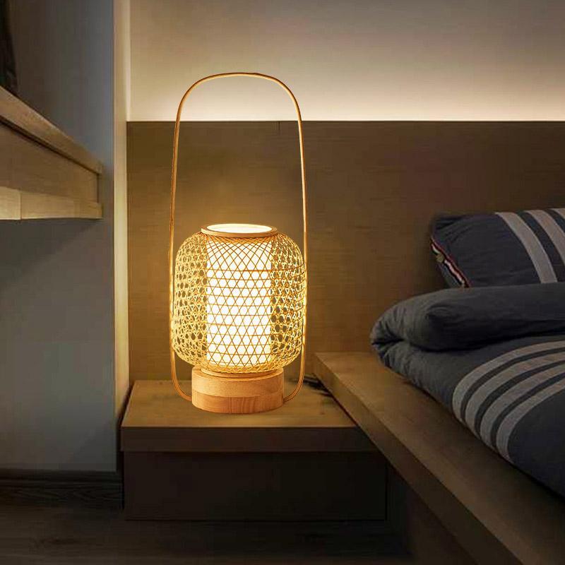 Rustic Woven Bamboo Table Lamp with Cylinder LED & Built-In USB Port – Farmhouse Accent Lamp for Bedroom