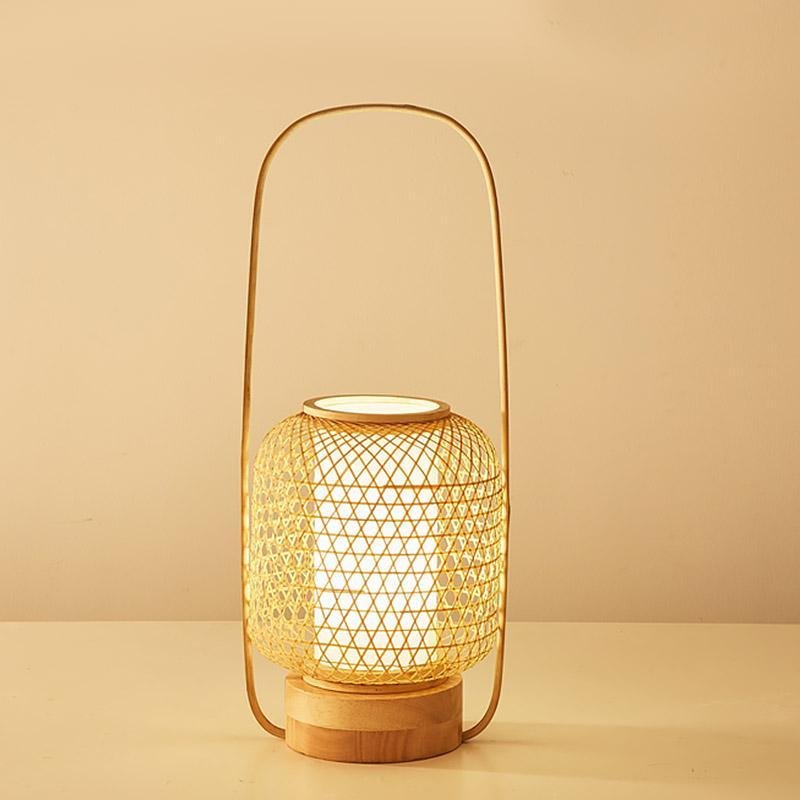 Rustic Woven Bamboo Table Lamp with Cylinder LED & Built-In USB Port – Farmhouse Accent Lamp for Bedroom