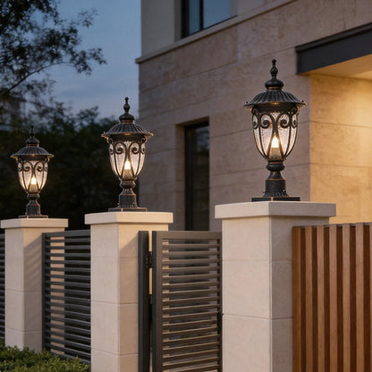 Black Outdoor Pillar Lights Retro Glass Waterproof Light