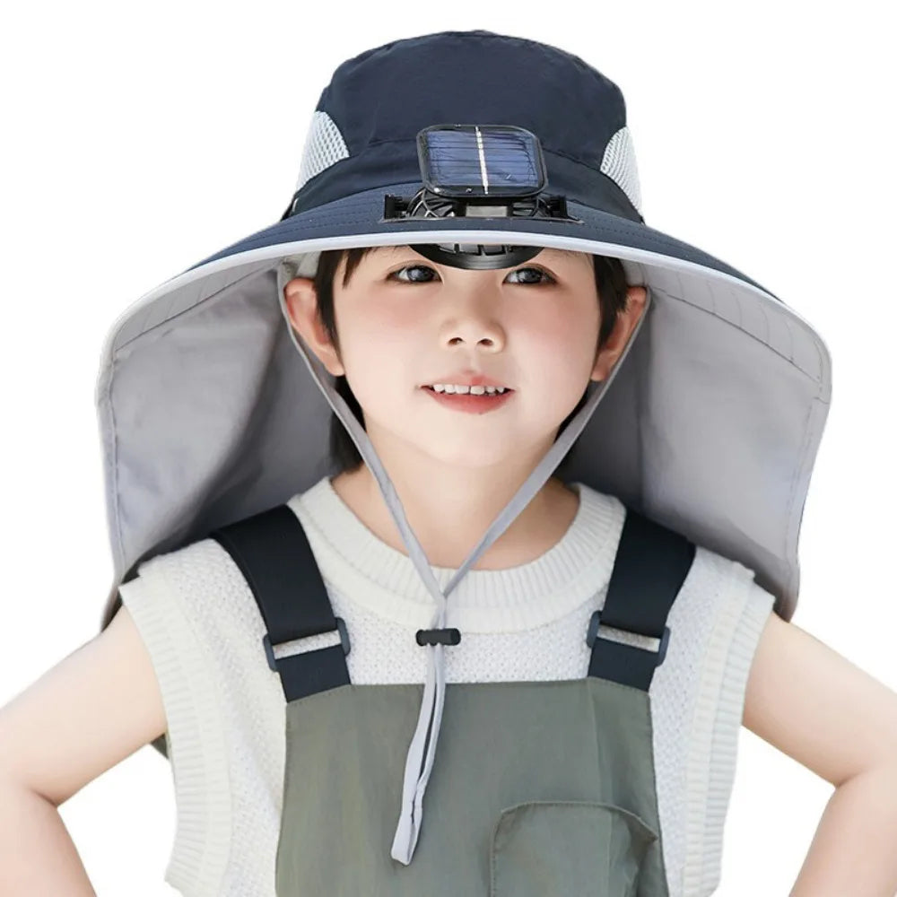 Kids Solar Powered Fan Hat - Adjustable Wide Brim Sun Hat with Built-In Cooling Fan for Children