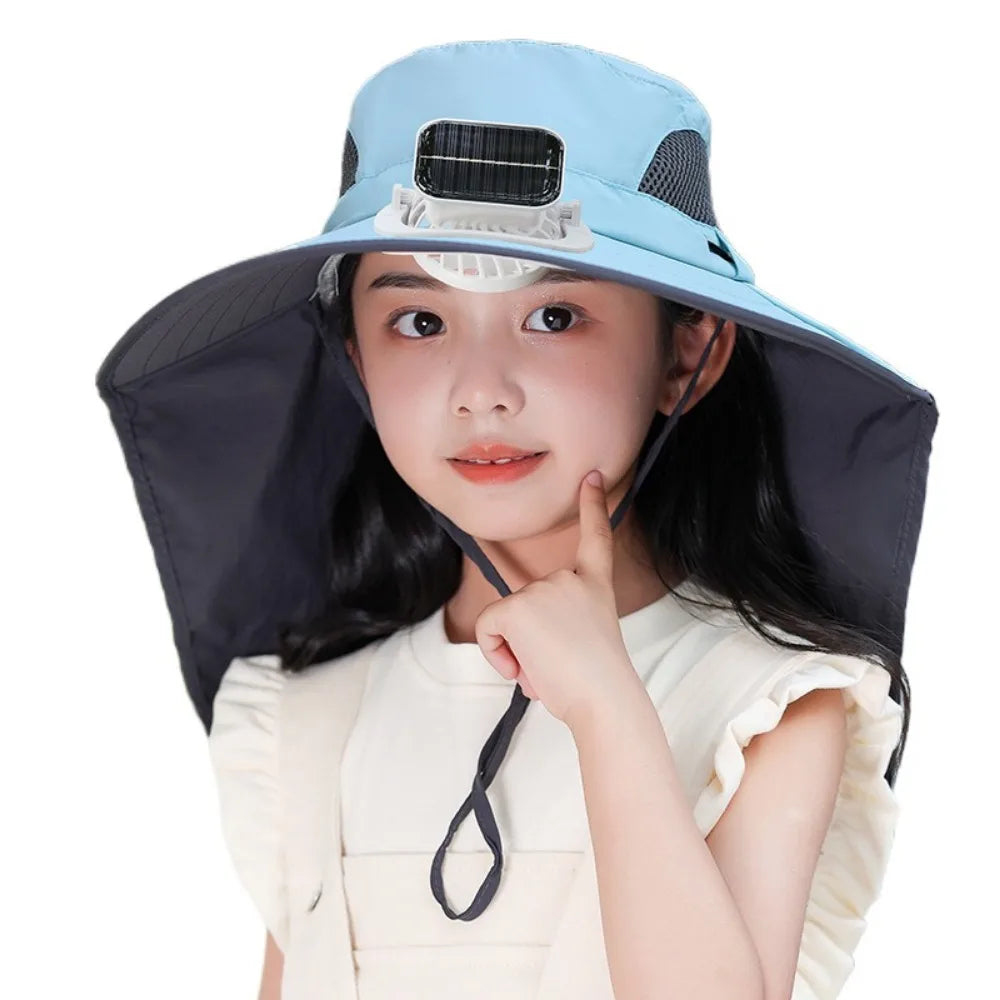Kids Solar Powered Fan Hat - Adjustable Wide Brim Sun Hat with Built-In Cooling Fan for Children