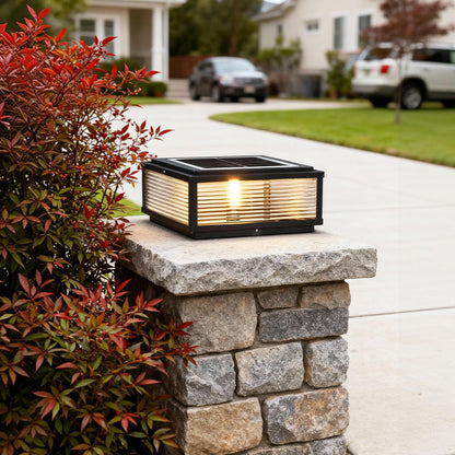 Square Pillar Light with Ribbed Glass – Solar & Hardwired Outdoor LED Landscape Post Cap Light