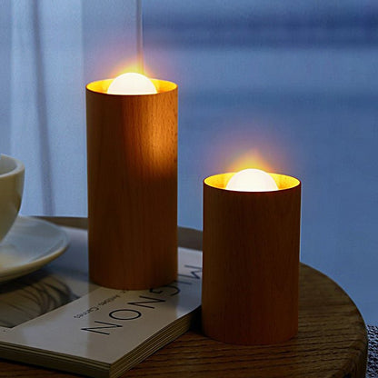 Candlelight Ambient Wood Cylinder LED Table Lamp – Rustic Warm Accent Light for Dining & Living Room