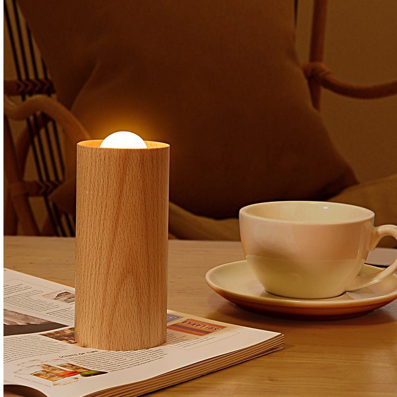 Candlelight Ambient Wood Cylinder LED Table Lamp – Rustic Warm Accent Light for Dining & Living Room