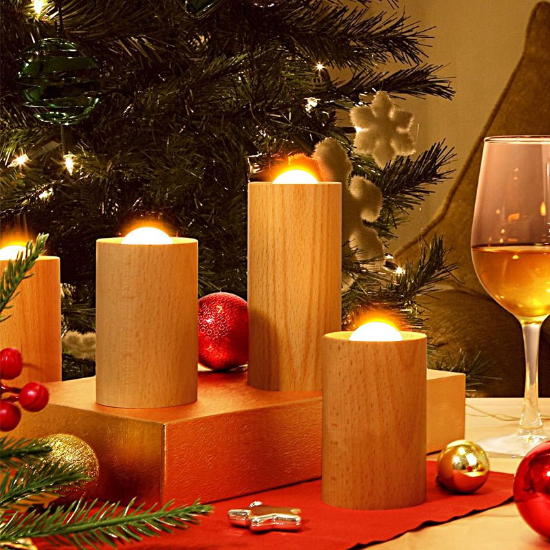 Candlelight Ambient Wood Cylinder LED Table Lamp – Rustic Warm Accent Light for Dining & Living Room