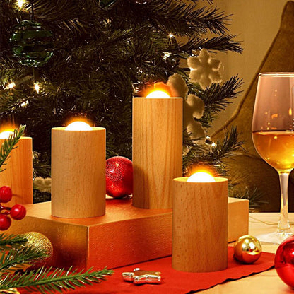 Candlelight Ambient Wood Cylinder LED Table Lamp – Rustic Warm Accent Light for Dining & Living Room