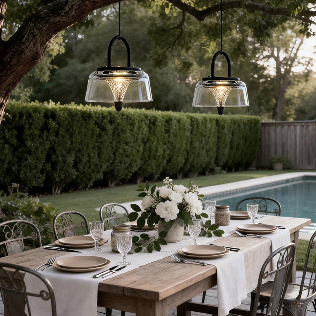 Clear Solar LED Pendant Lights – Geometric Acrylic Hanging Light with 3-Step Dimming for Patio & Outdoor