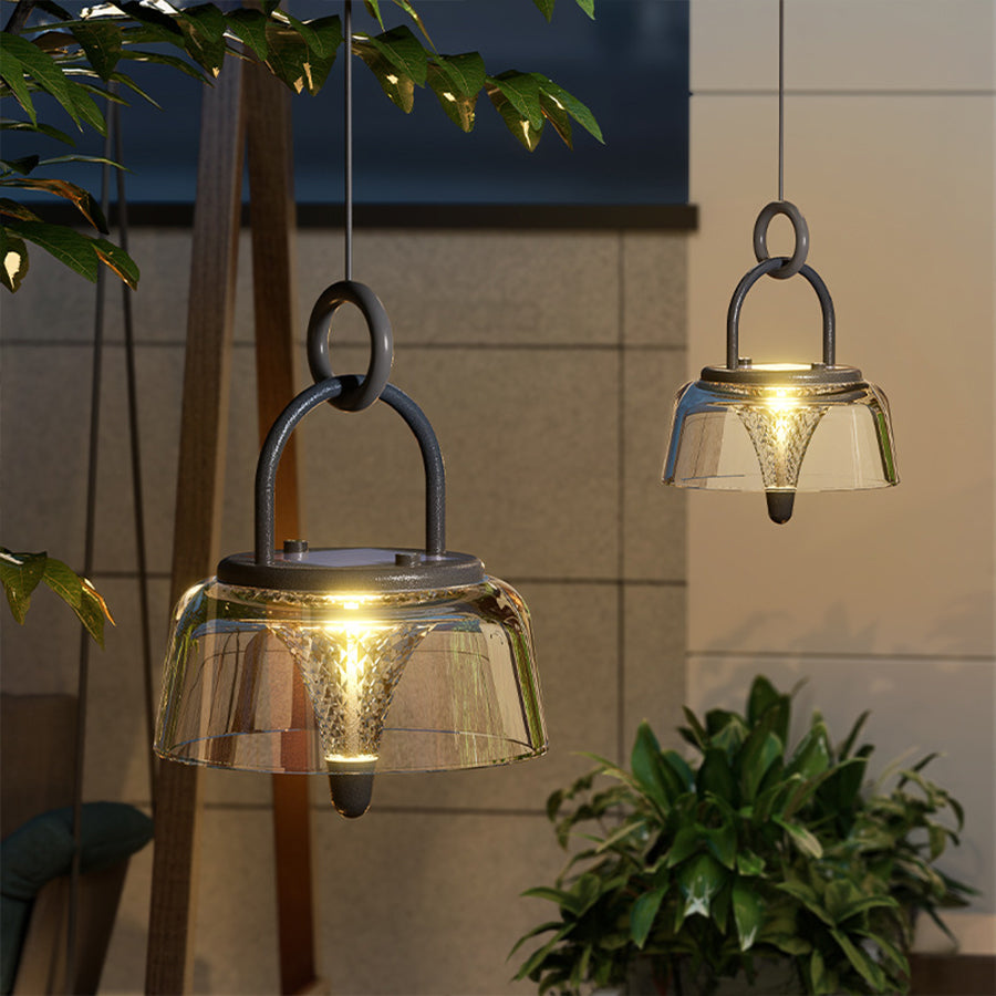Clear Solar LED Pendant Lights – Geometric Acrylic Hanging Light with 3-Step Dimming for Patio & Outdoor