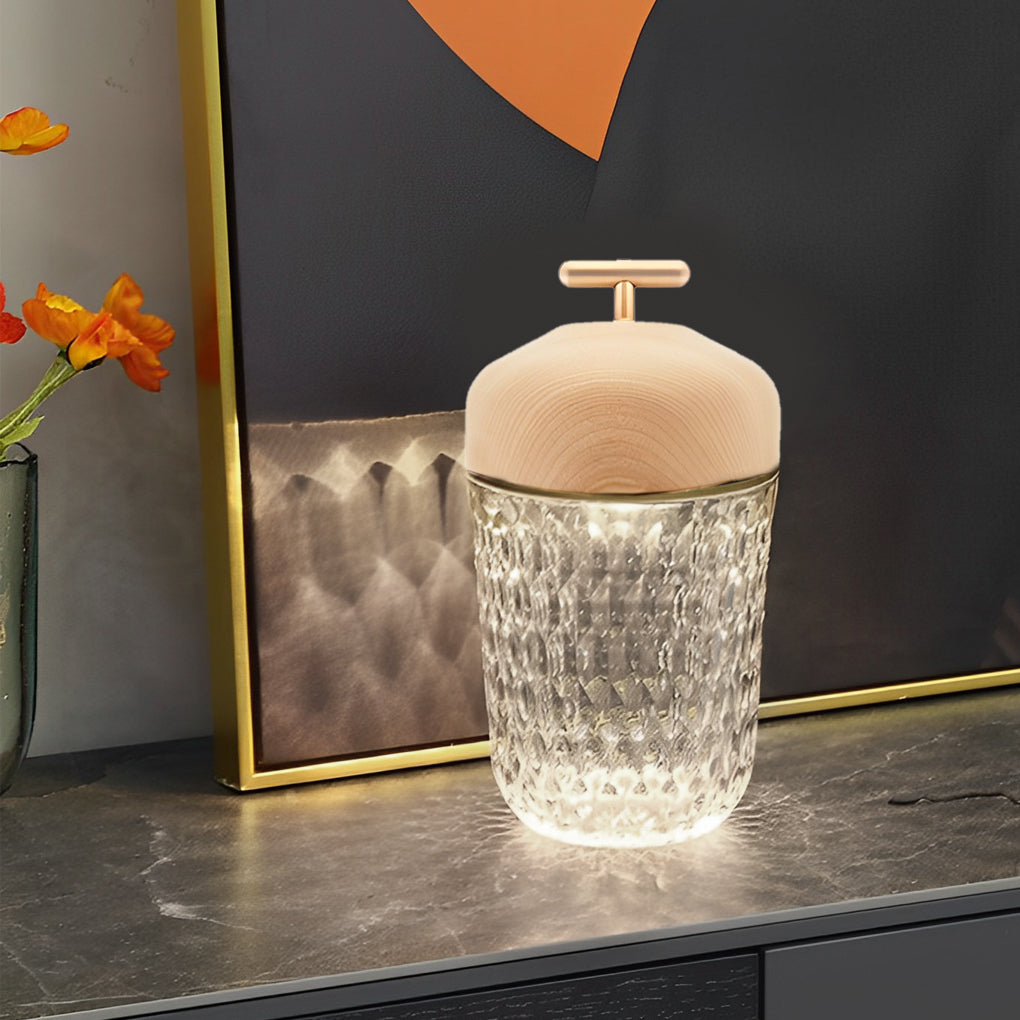 Cup Glass Table Lamp with Diamond-Cut Shade – Warm G9 LED Accent Light with Walnut Wood Cap