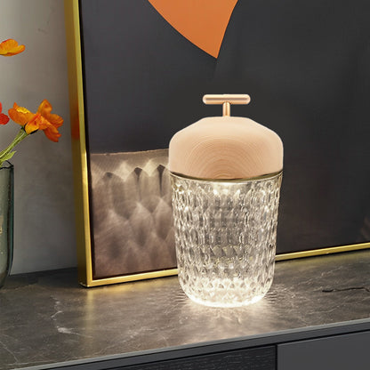 Cup Glass Table Lamp with Diamond-Cut Shade – Warm G9 LED Accent Light with Walnut Wood Cap