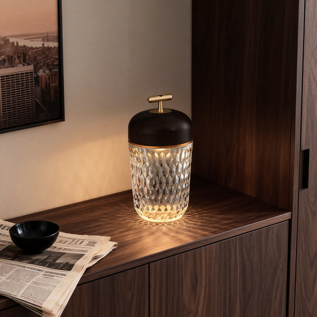 Cup Glass Table Lamp with Diamond-Cut Shade – Warm G9 LED Accent Light with Walnut Wood Cap