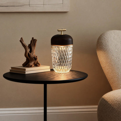 Cup Glass Table Lamp with Diamond-Cut Shade – Warm G9 LED Accent Light with Walnut Wood Cap