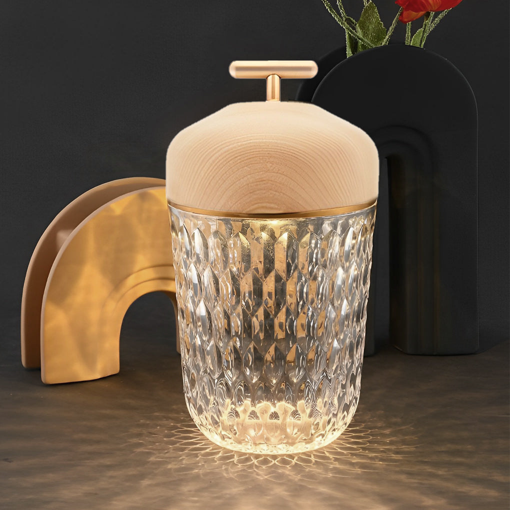 Cup Glass Table Lamp with Diamond-Cut Shade – Warm G9 LED Accent Light with Walnut Wood Cap