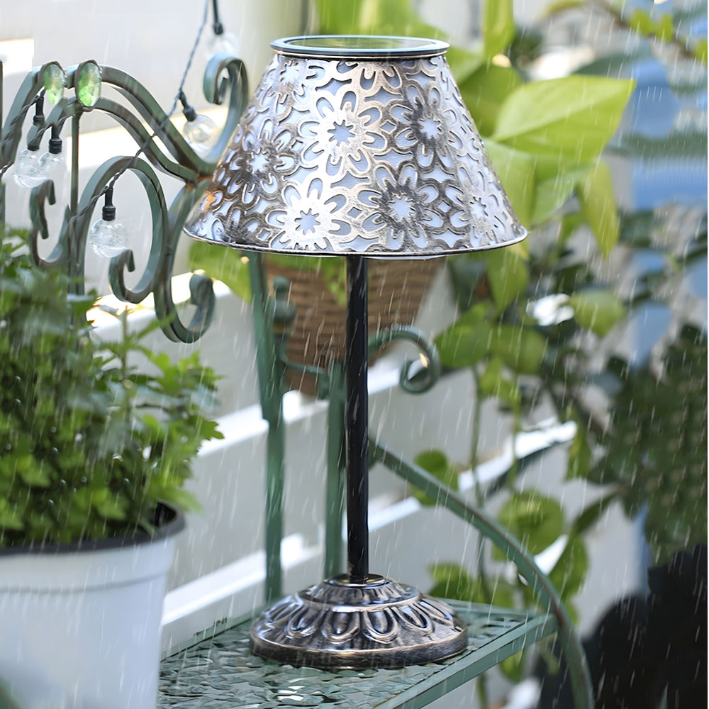 Solar-Powered Silver Metal Table Lamp – Waterproof Outdoor LED Light with Classic European Design