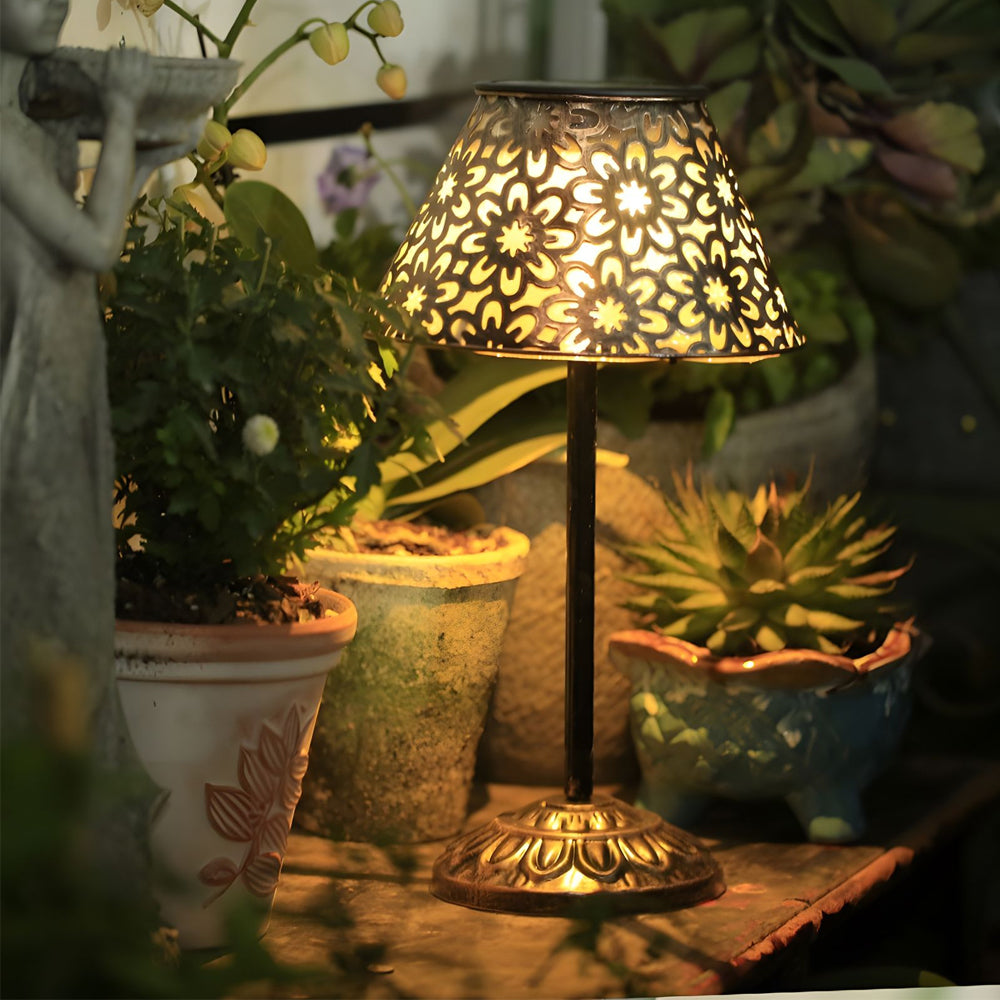 Solar-Powered Silver Metal Table Lamp – Waterproof Outdoor LED Light with Classic European Design