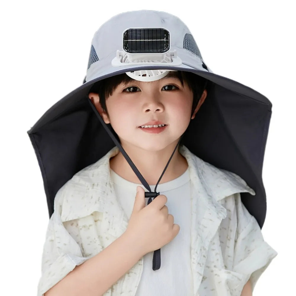 Kids Solar Powered Fan Hat - Adjustable Wide Brim Sun Hat with Built-In Cooling Fan for Children