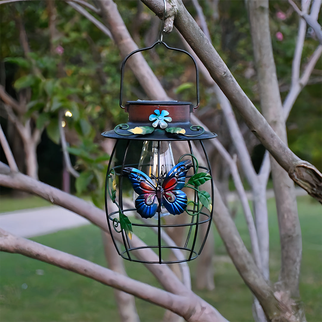 Iron Outdoor Lanterns Waterproof Solar Powered Hanging Butterfly Light