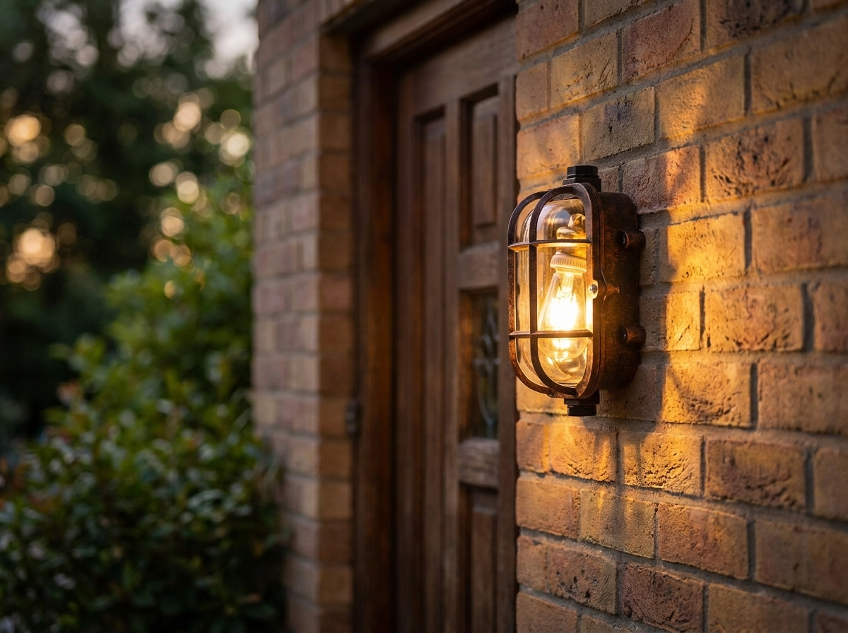 Industrial Outdoor Sconce American Retro Style Wall Lamp mounted on brick wall at dusk with warm Edison glow