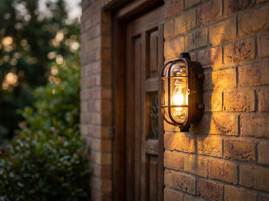 Industrial Outdoor Sconce American Retro Style Wall Lamp mounted on brick wall at dusk with warm Edison glow