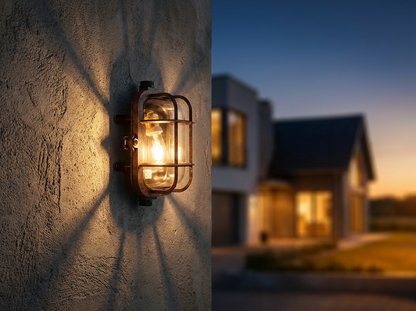 Industrial Outdoor Sconce American Retro Style Wall Lamp on modern concrete exterior at twilight
