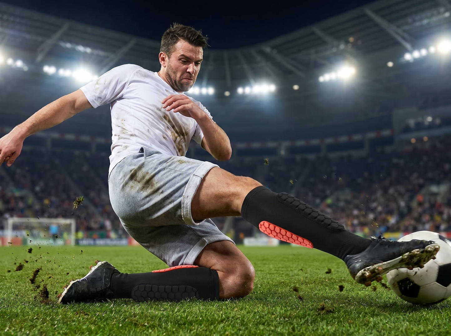 Soccer player wearing honeycomb shin guards in action on a grass field