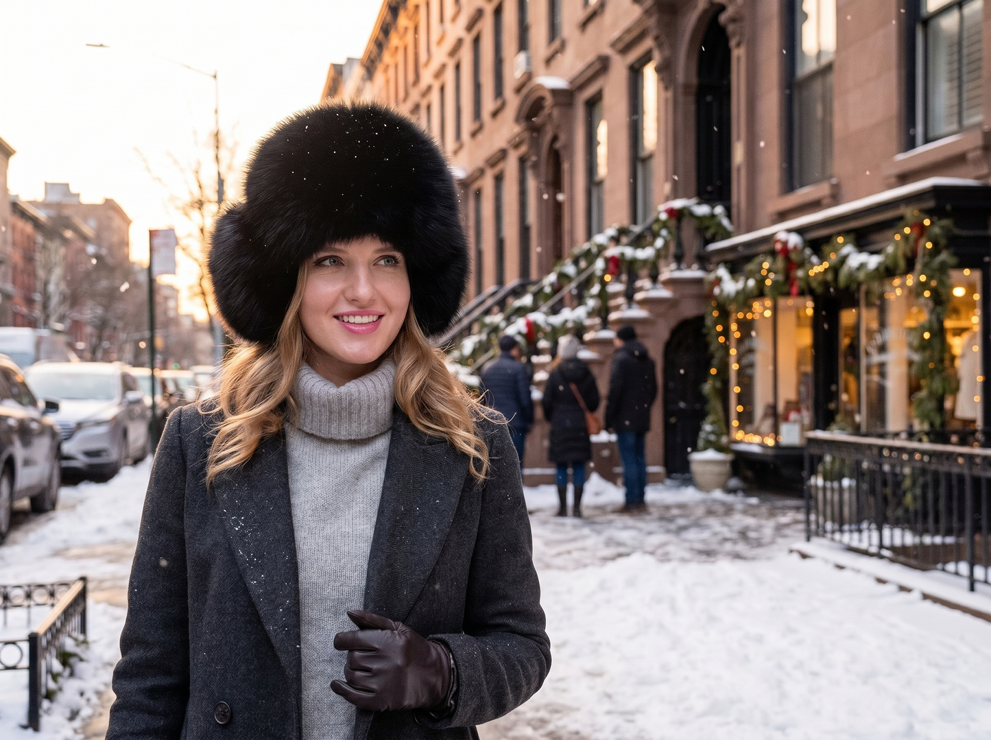Elegant woman wearing natural fox fur hat with earmuffs in snowy city street
