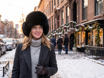 Elegant woman wearing natural fox fur hat with earmuffs in snowy city street