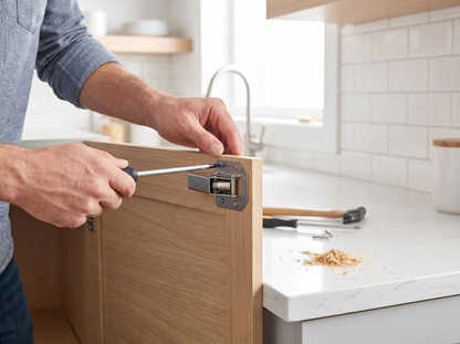 Person installing cabinet hinges on a modern kitchen cabinet