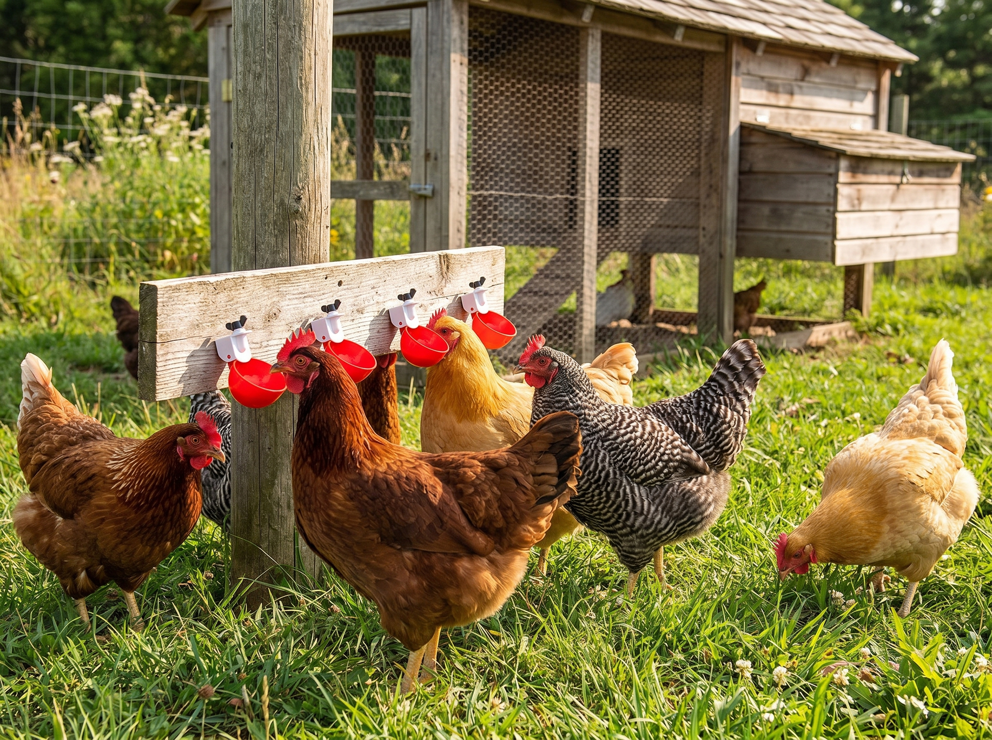 Backyard chickens drinking from automatic waterer cups on a sunny farm