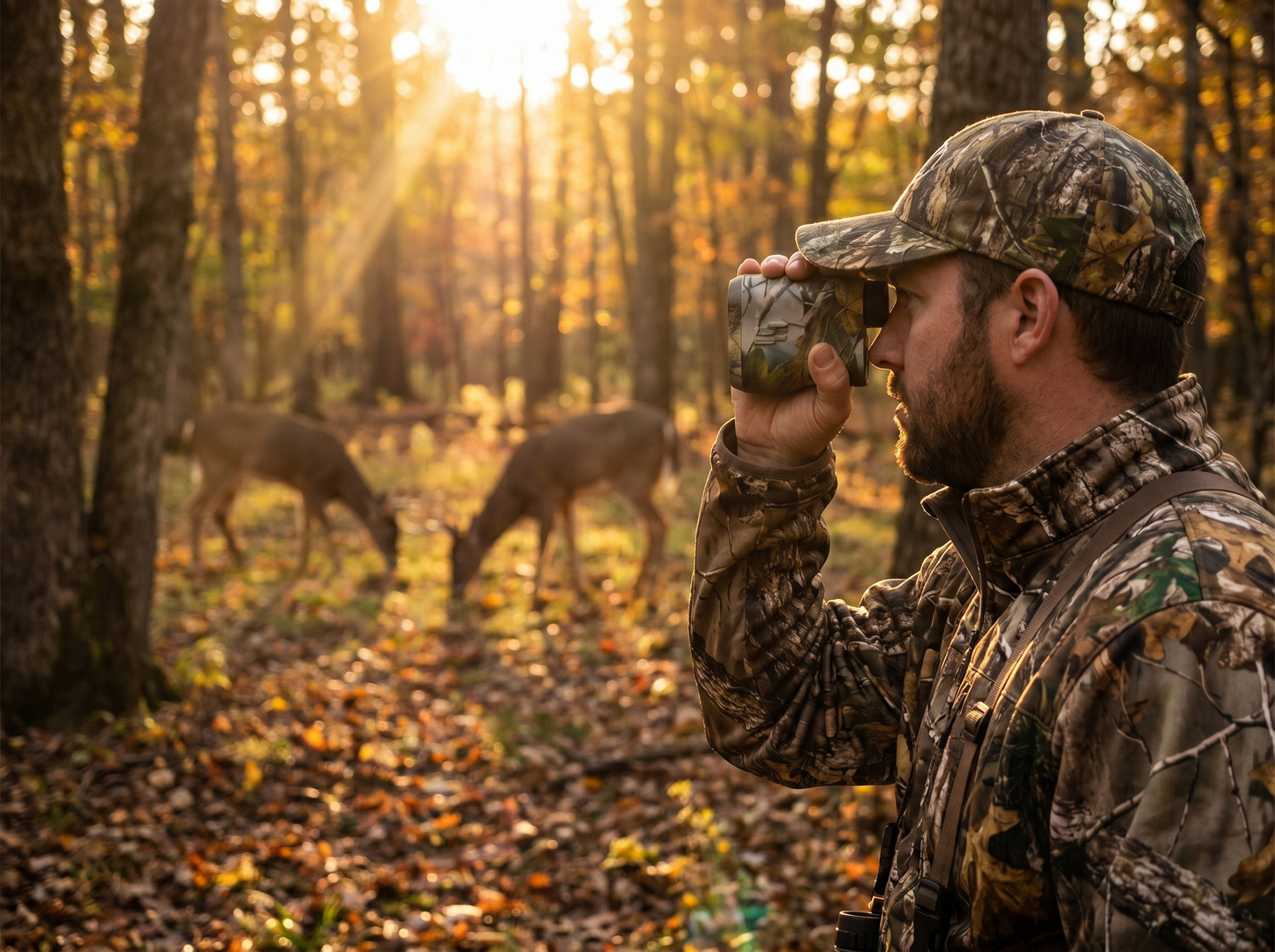 Hunter in camouflage using a laser range finder in a forest at golden hour